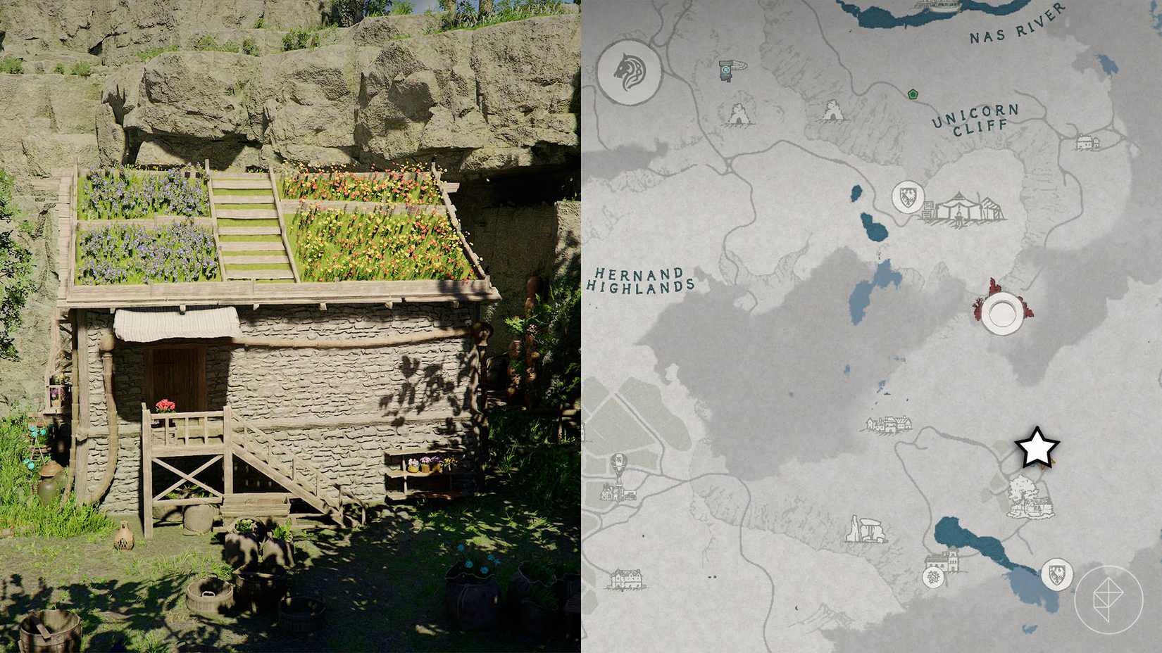 A stone house with flower beds on its roof along with its location marked on the Crimson Desert map with a star.