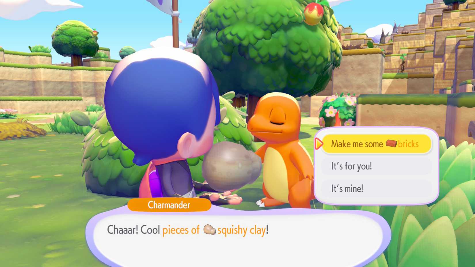 Ditto asking Charmander for bricks in Pokemon Pokopia