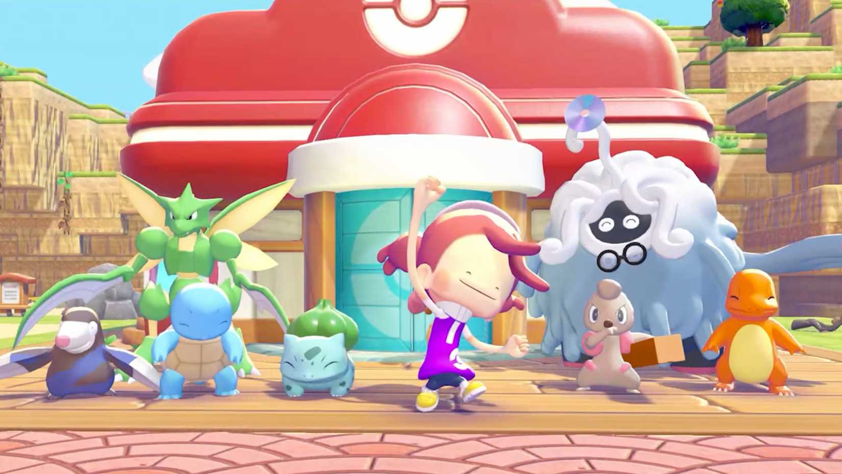 Ditto and several Pokemon in front of a completed Pokemon Center in Pokopia