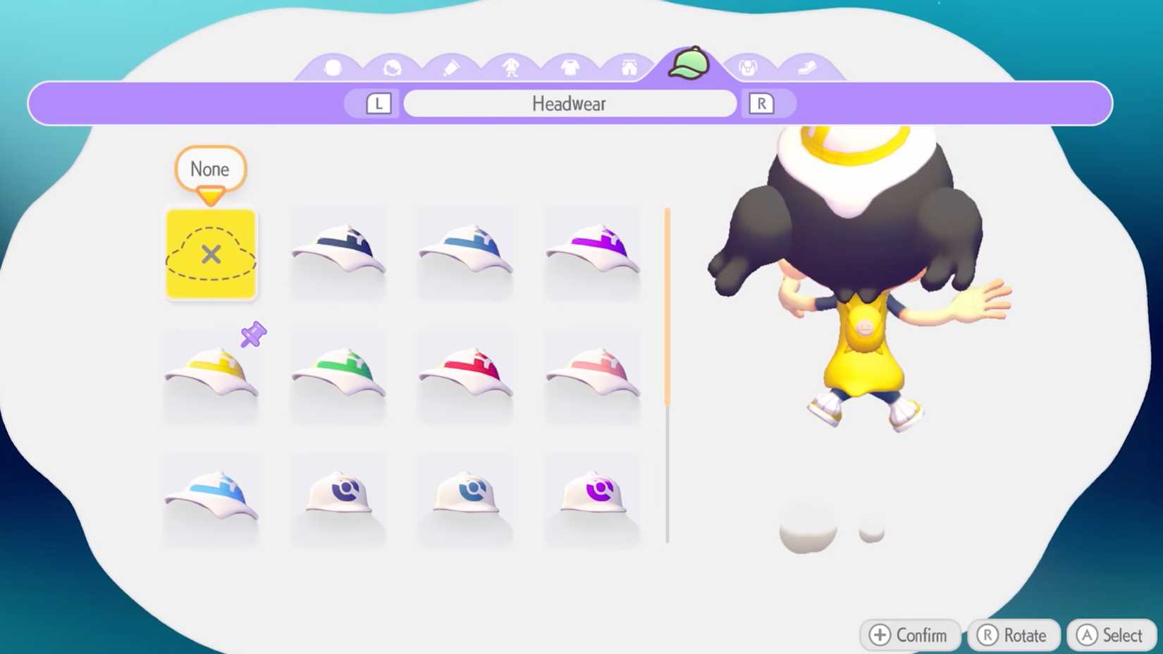 A customization screen in Pokémon Pokopia allows players to choose from a variety of different hat styles and colors.