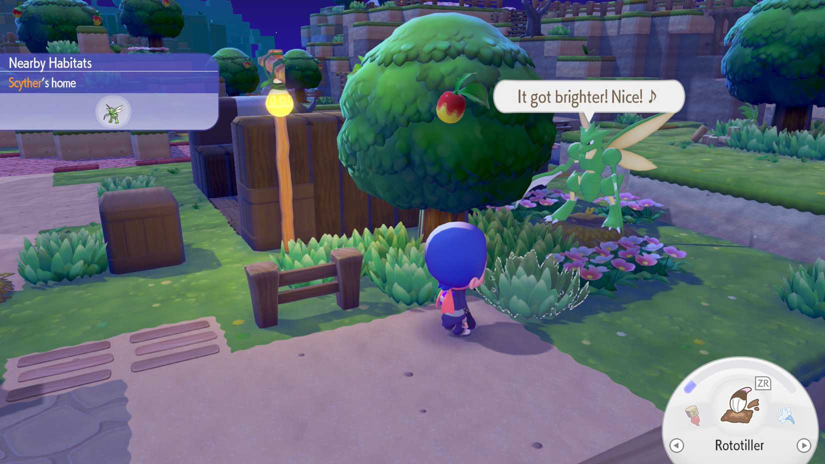 Scyther expressing happiness at having a new light source in Pokemon Pokopia