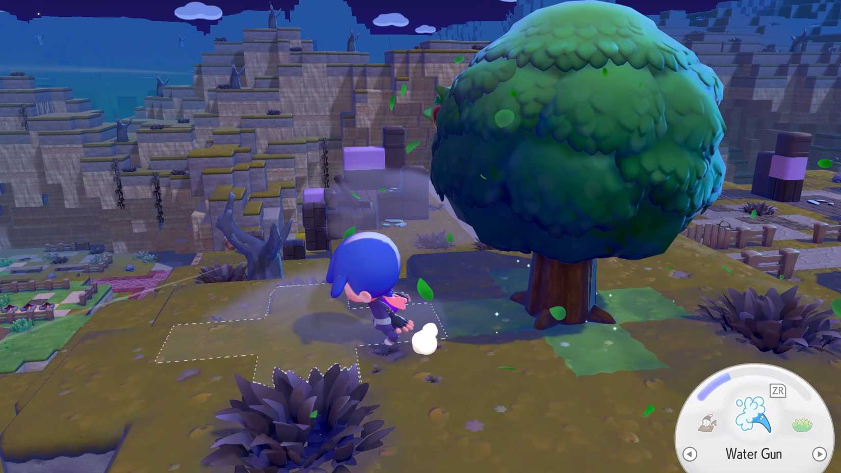 A Ditto in Pokopia watering withered trees, with several other withered trees visible on the horizon