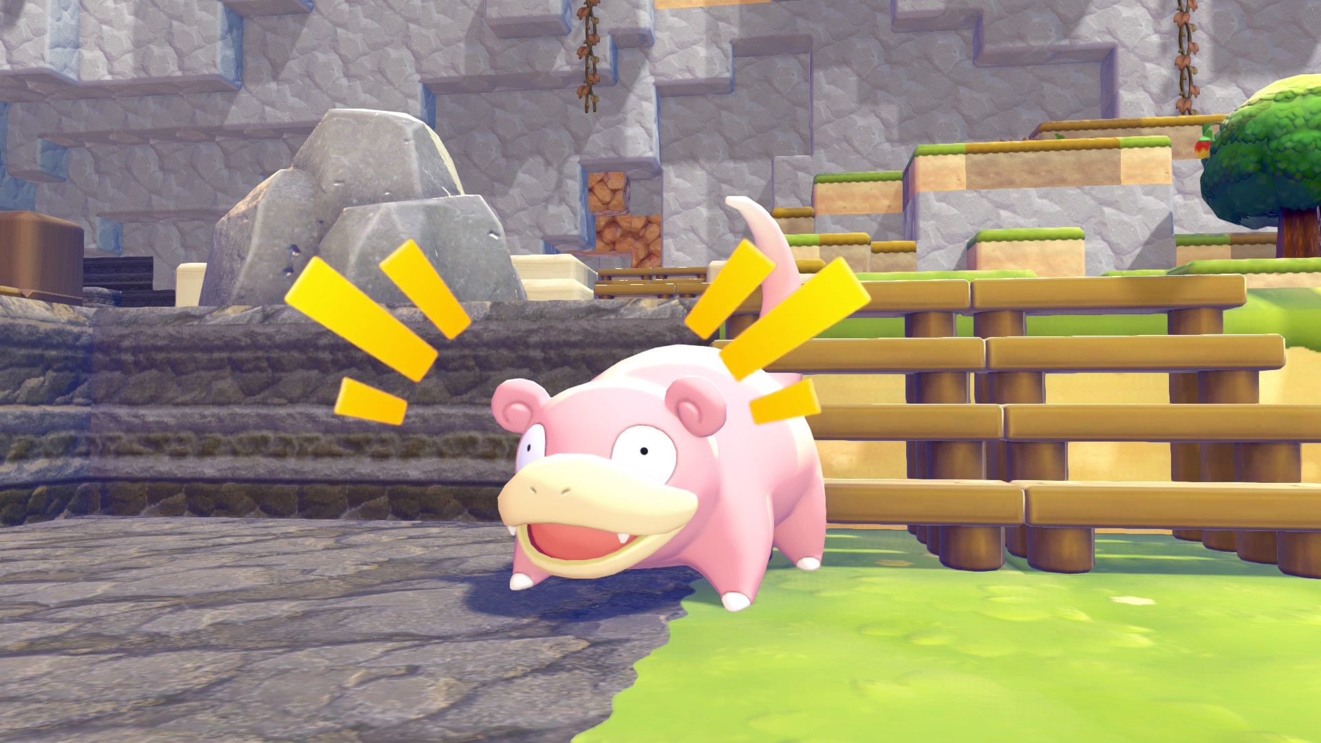 A Slowpoke looking happy in Pokemon Pokopia