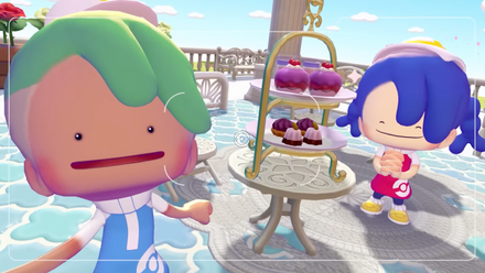 Pokémon Pokopia's photo mode, featuring two Dittos disguised as humans, posing near a three-tiered tray of sweets.