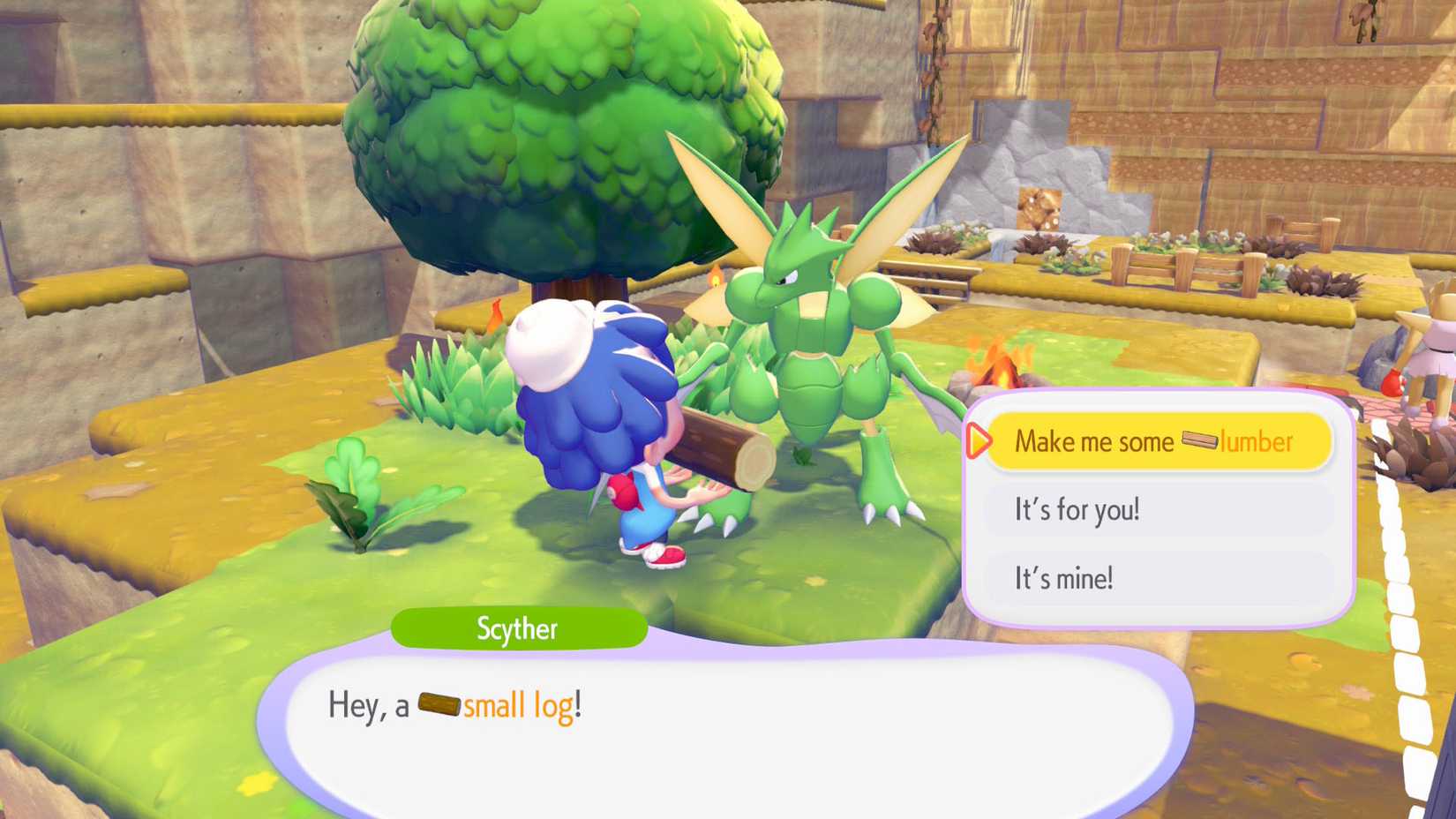 A Pokémon Pokopia screenshot showing Ditto giving Scyther some small log for it to make lumber