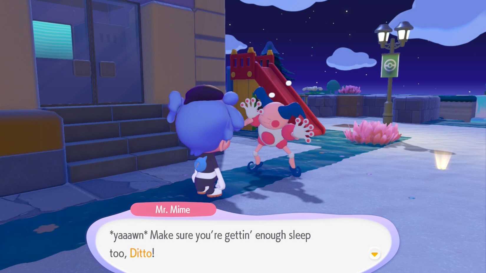 Mr. Mime offering advice to a Ditto in Pokemon Pokopia.