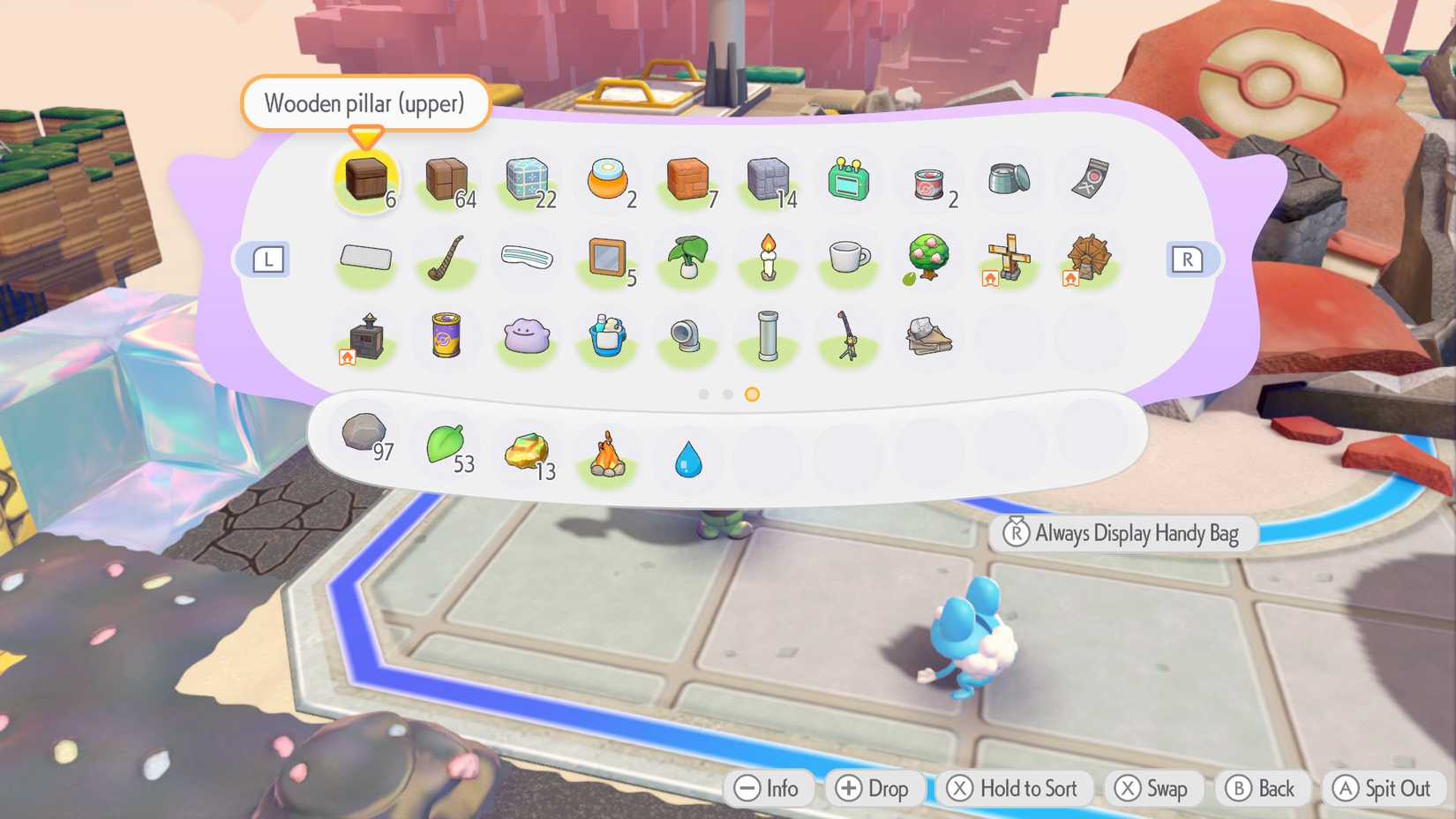 A Pokémon Pokopia screenshot showing the inventory after unlocking all upgrades