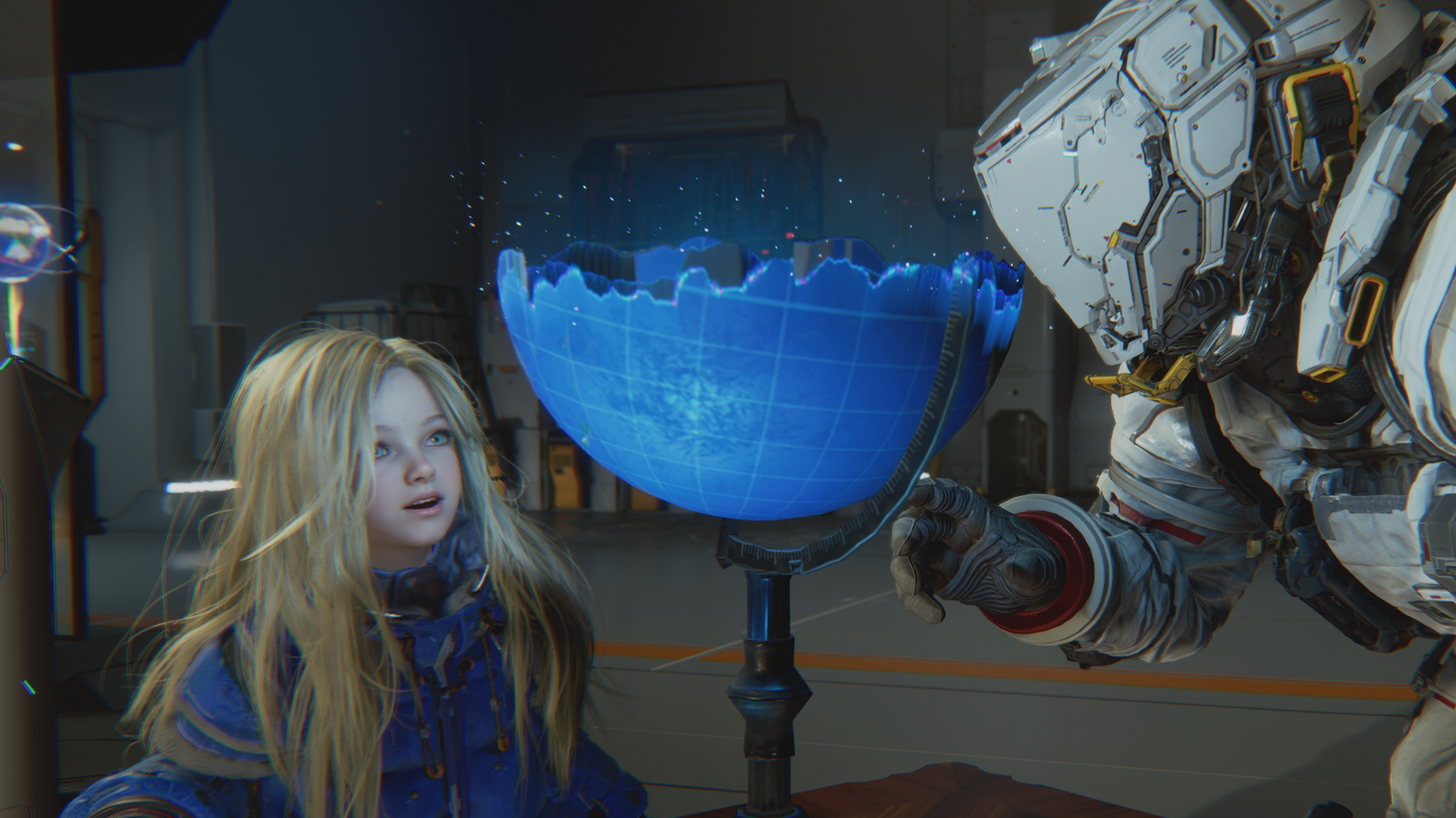 Hugh and Diana look at a broken globe while relaxing in Pragmata