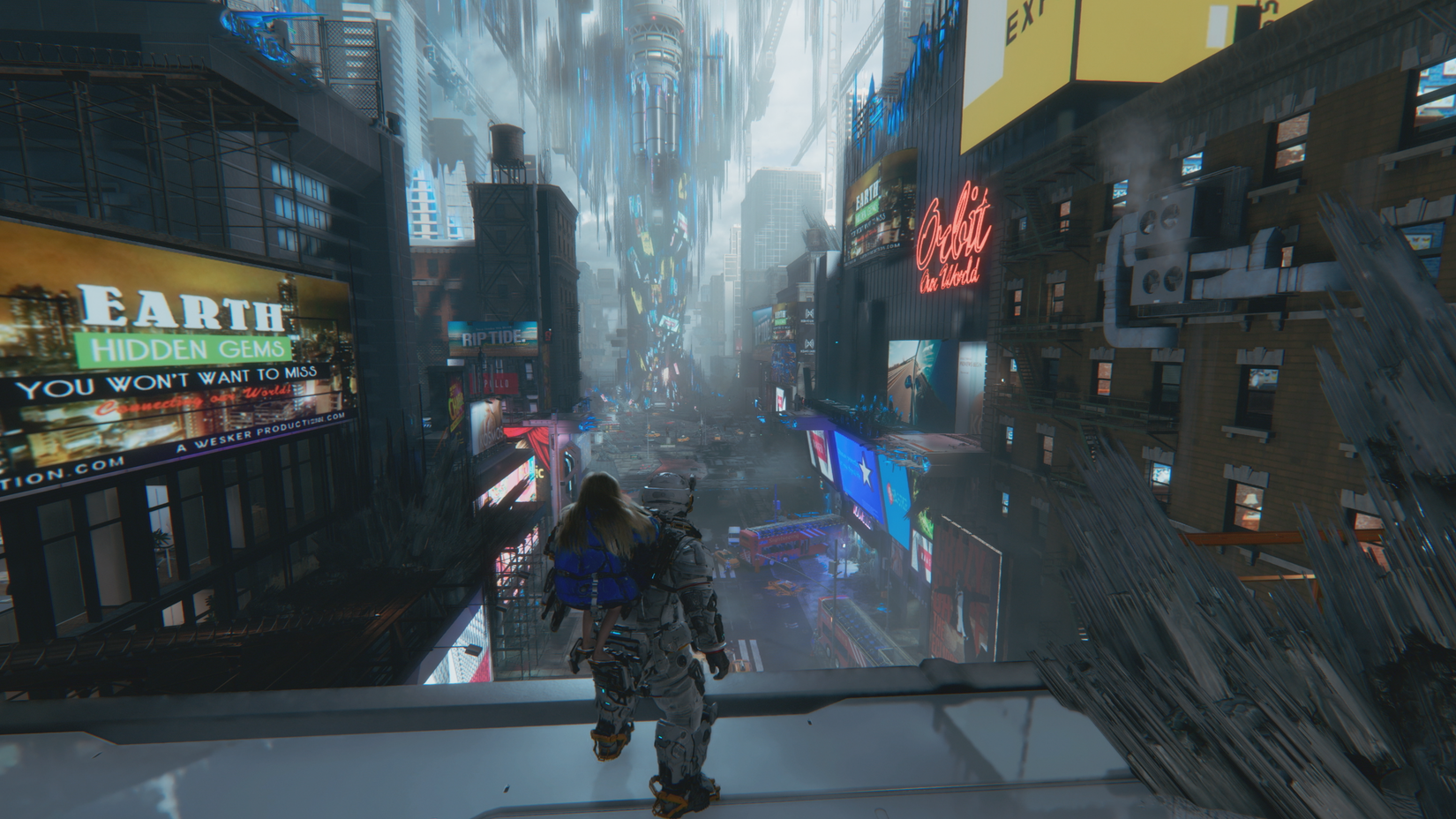 Hugh and Diana walk into Times Square in Pragmata