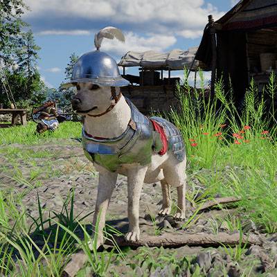 A dog wearing a shiny metal suit of armor in Crimson Desert.
