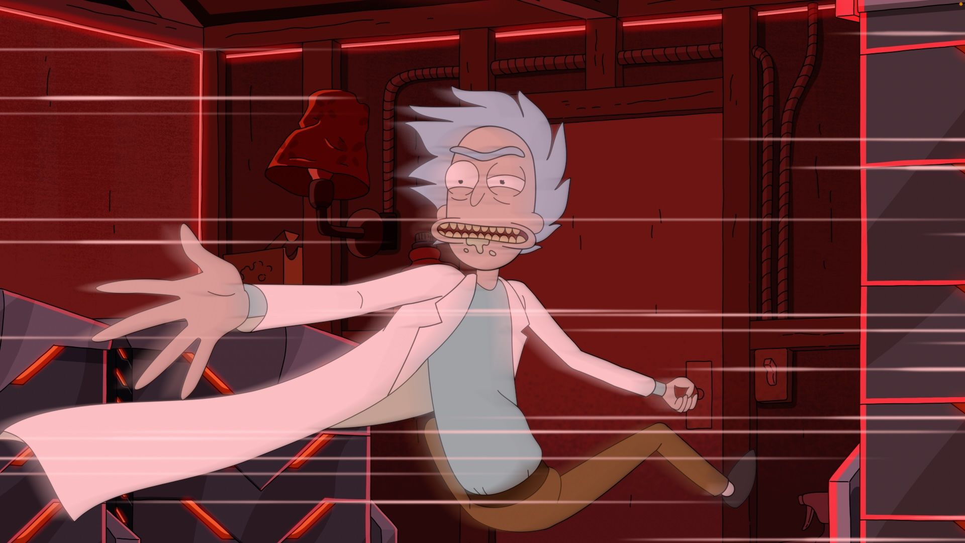 Rick reaches out his hand while grabbing onto the doorknob of his garage lab in Rick and Morty season 9