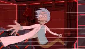 Rick reaches out his hand while grabbing onto the doorknob of his garage lab in Rick and Morty season 9