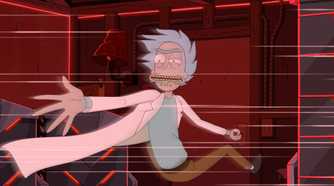 Rick reaches out his hand while grabbing onto the doorknob of his garage lab in Rick and Morty season 9