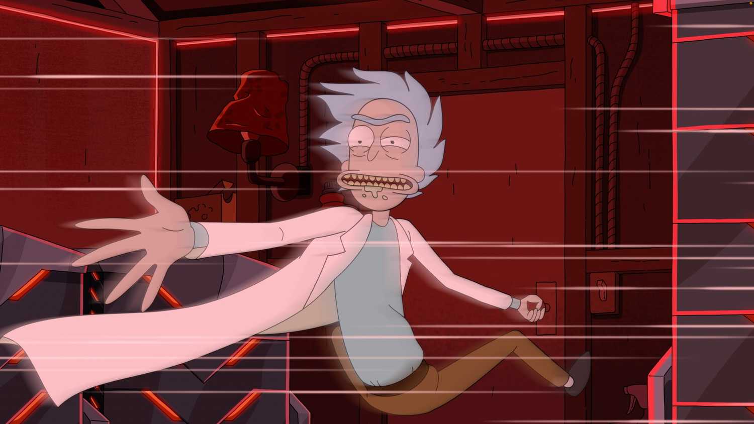 Rick reaches out his hand while grabbing onto the doorknob of his garage lab in Rick and Morty season 9