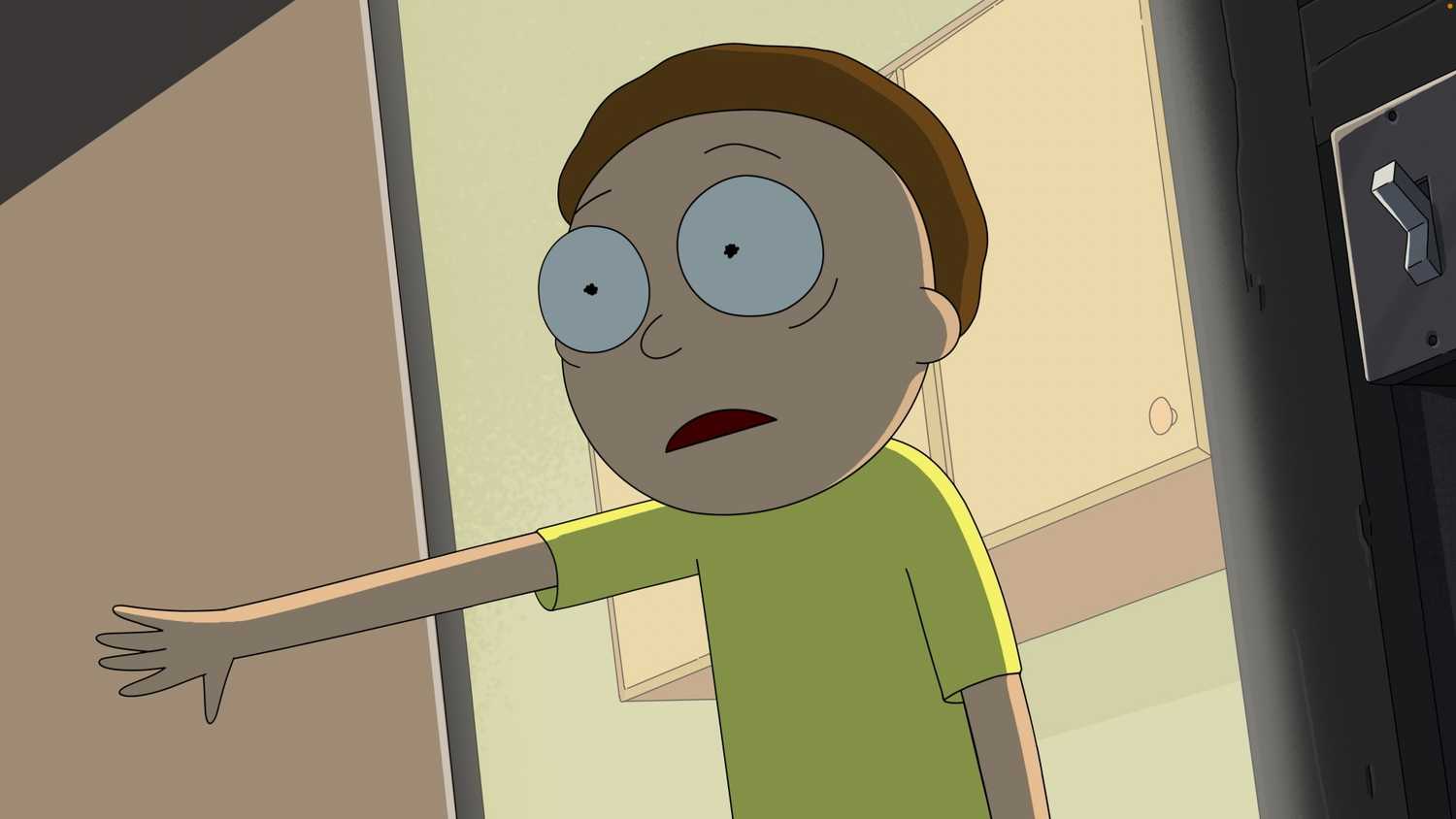 Morty looks horrified while opening a door in Rick and Morty