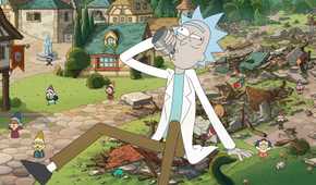 Rick drinks from a flask while sitting in the ruins of buildings in a miniature village filled with panicked tiny people in Rick and Morty season 9
