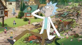 Rick drinks from a flask while sitting in the ruins of buildings in a miniature village filled with panicked tiny people in Rick and Morty season 9