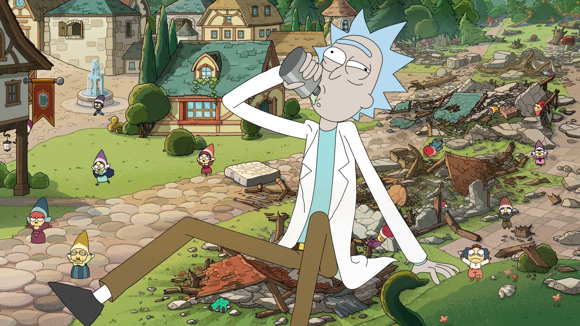 Rick drinks from a flask while sitting in the ruins of buildings in a miniature village filled with panicked tiny people in Rick and Morty season 9