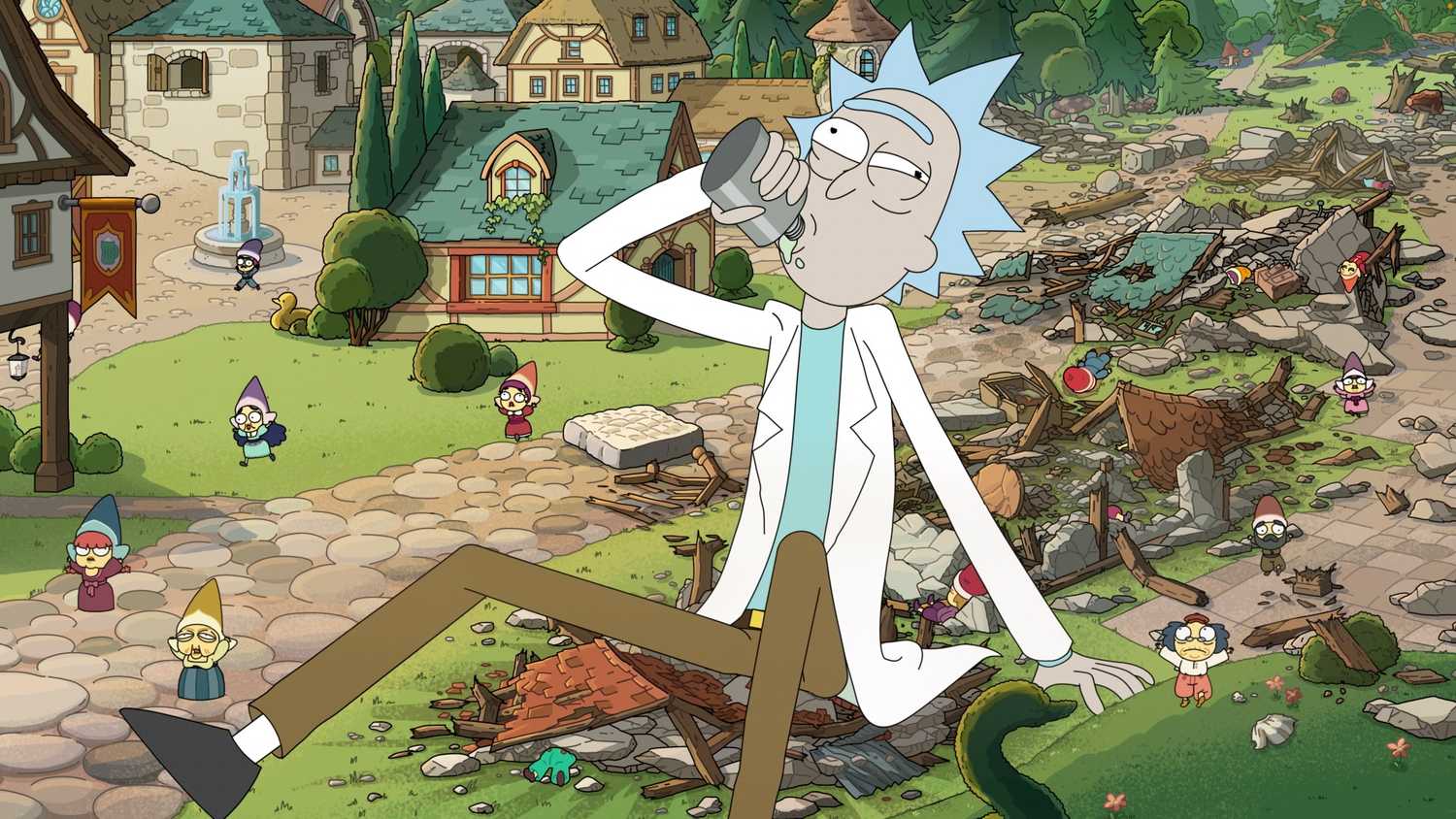 Rick drinks from a flask while sitting in the ruins of buildings in a miniature village filled with panicked tiny people in Rick and Morty season 9