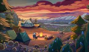 Rick and Morty sit around a campfire in an alien forest