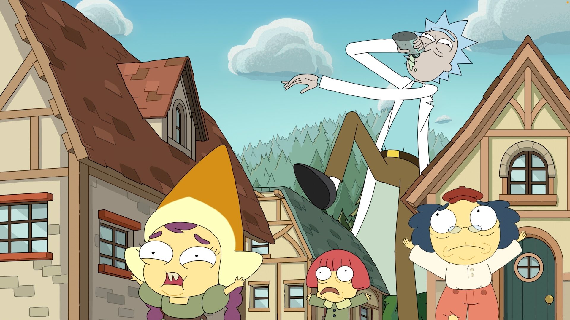 Rick drinks from a flask while walking around a miniature village filled with panicked tiny people in Rick and Morty season 9