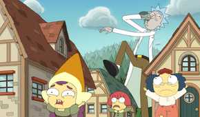 Rick drinks from a flask while walking around a miniature village filled with panicked tiny people in Rick and Morty season 9