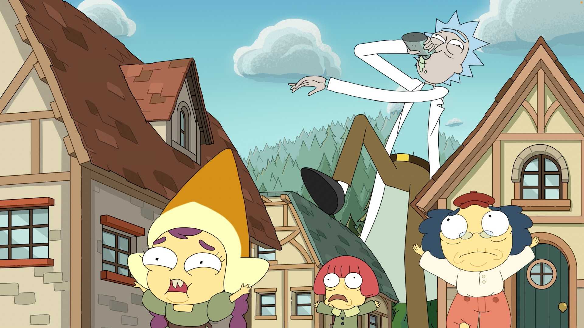 Rick drinks from a flask while walking around a miniature village filled with panicked tiny people in Rick and Morty season 9