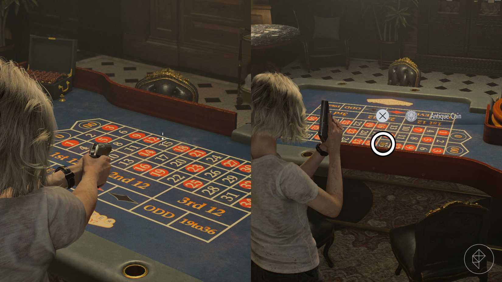 A montage using two Resident Evil Requiem images showing the location where you can obtain an antique coin by shooting at the roulette table