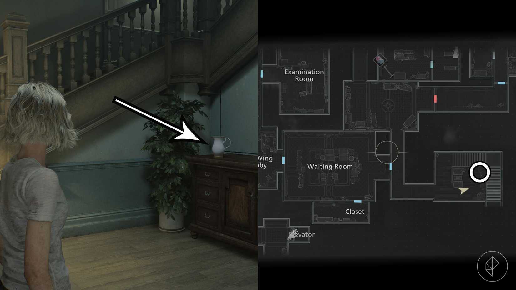 A montage of two Resident Evil Requiem images showing the location of the antique coins number 19