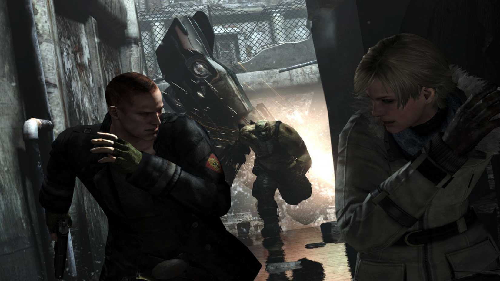 Jake and Sherry run from a monster in Resident Evil 6.