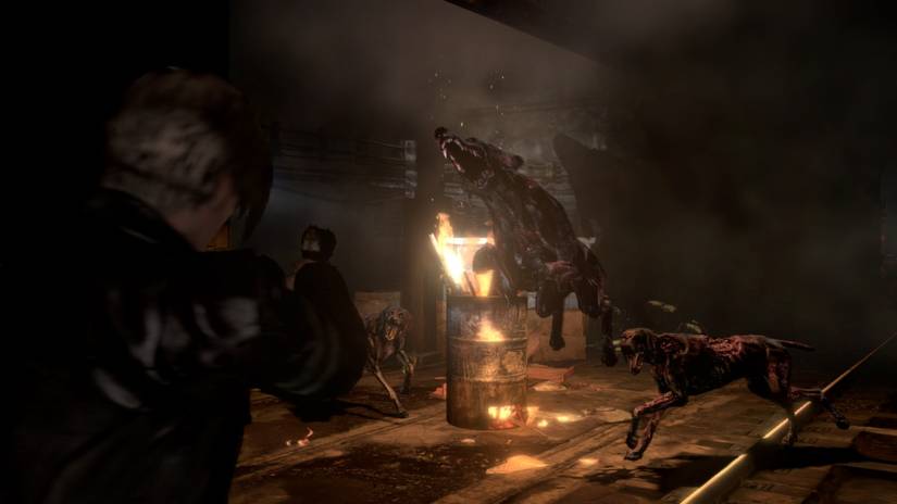 Leon Kennedy defending himself against zombie dogs in Resident Evil 6.