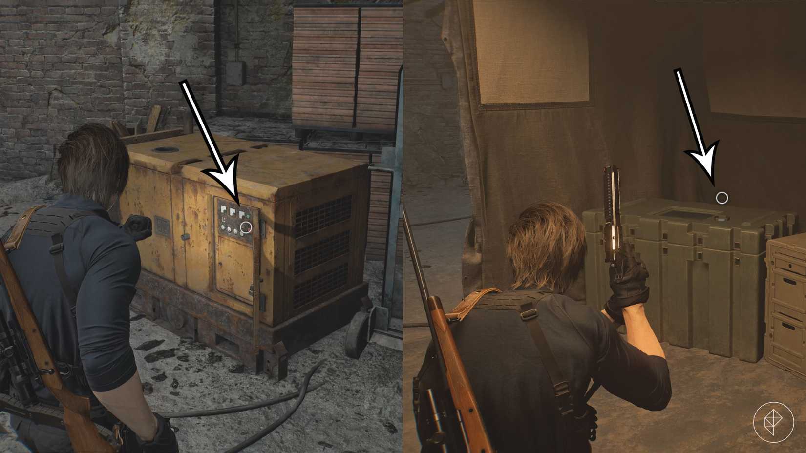 Arrows point to the power generator and supply box at the Central Camp in East Raccoon City in Resident Evil Requiem.