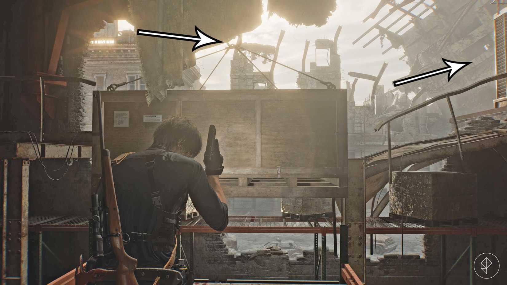 The path to the distributor leading through East Raccoon City in Resident Evil Requiem.