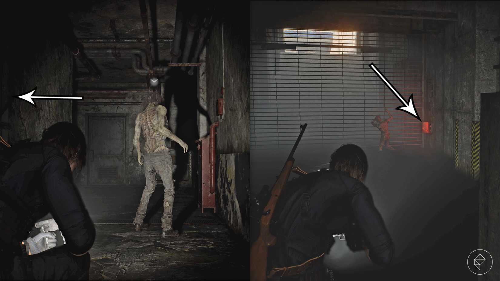 Two zombies and an empty battery box in the underground parking lot in Resident Evil Requiem's East Raccoon City.