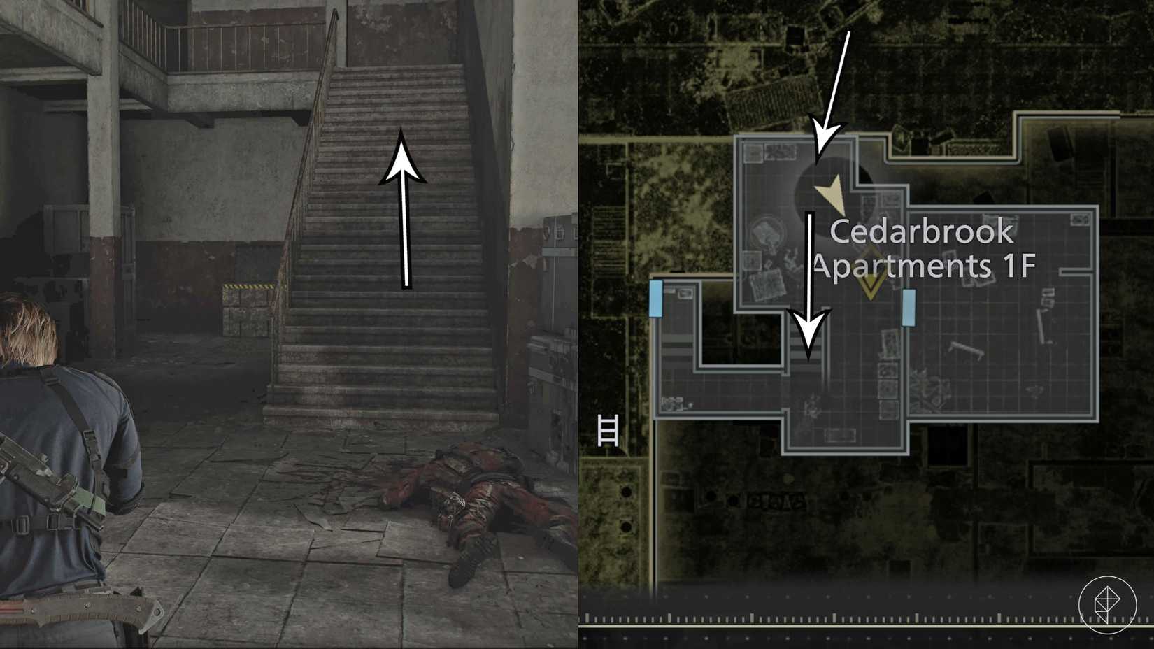 The path into the Cedarbrook Apartments, first floor, in Resident Evil Requiem's East Raccoon City.