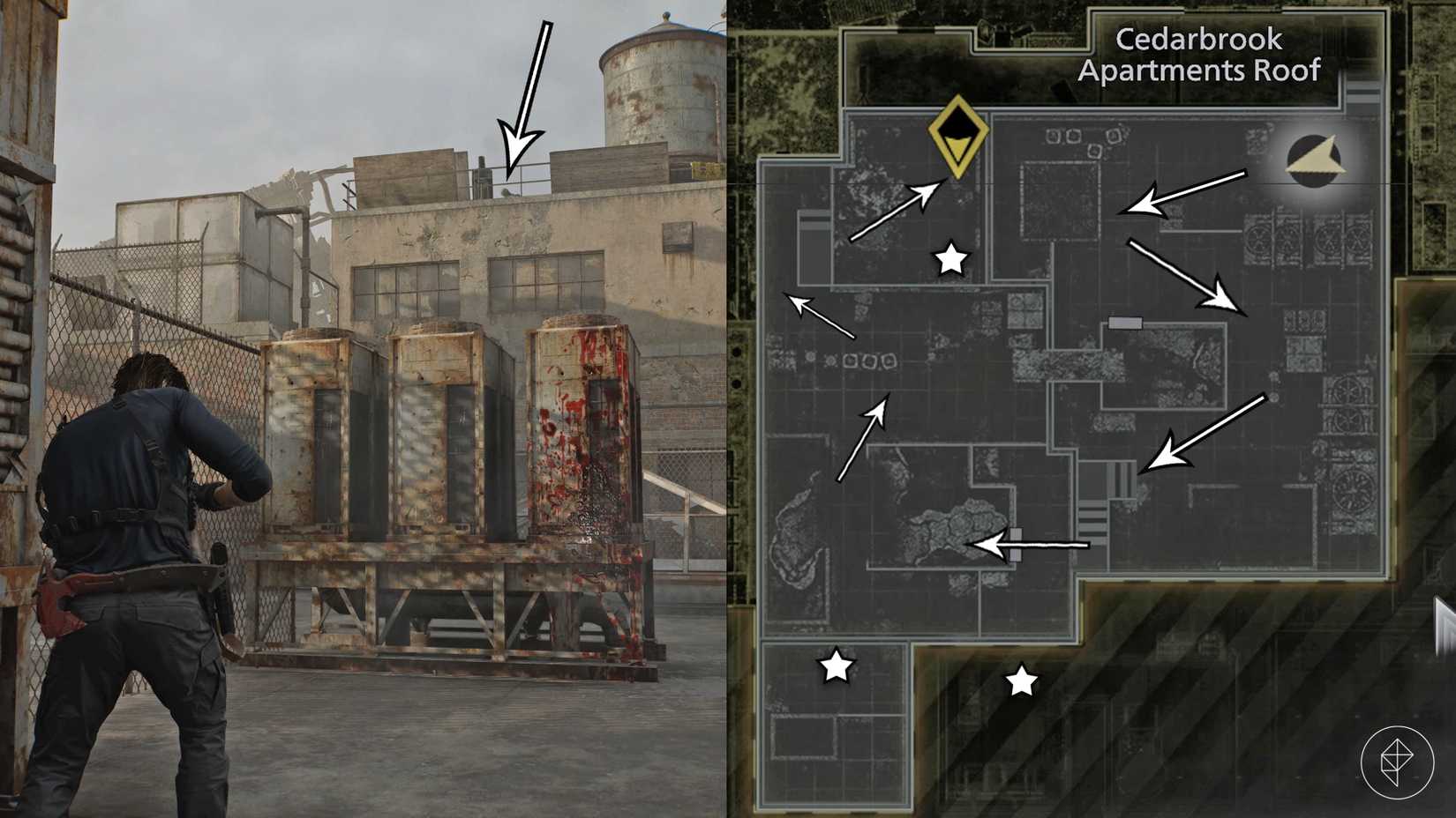 Arrows show the path across the Cedarbrook Apartments Roof, while stars show the mortar locations in Resident Evil Requiem's East Raccoon City.