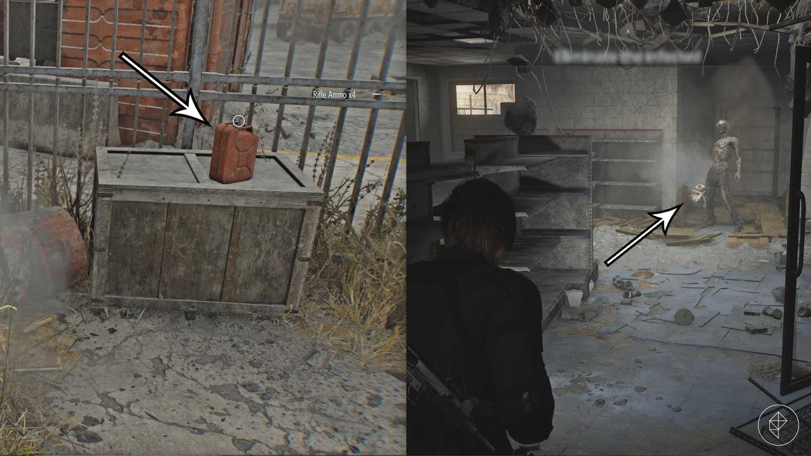 The gas can location and a chainsaw-wielding zombie in Resident Evil Requiem's East Raccoon City.