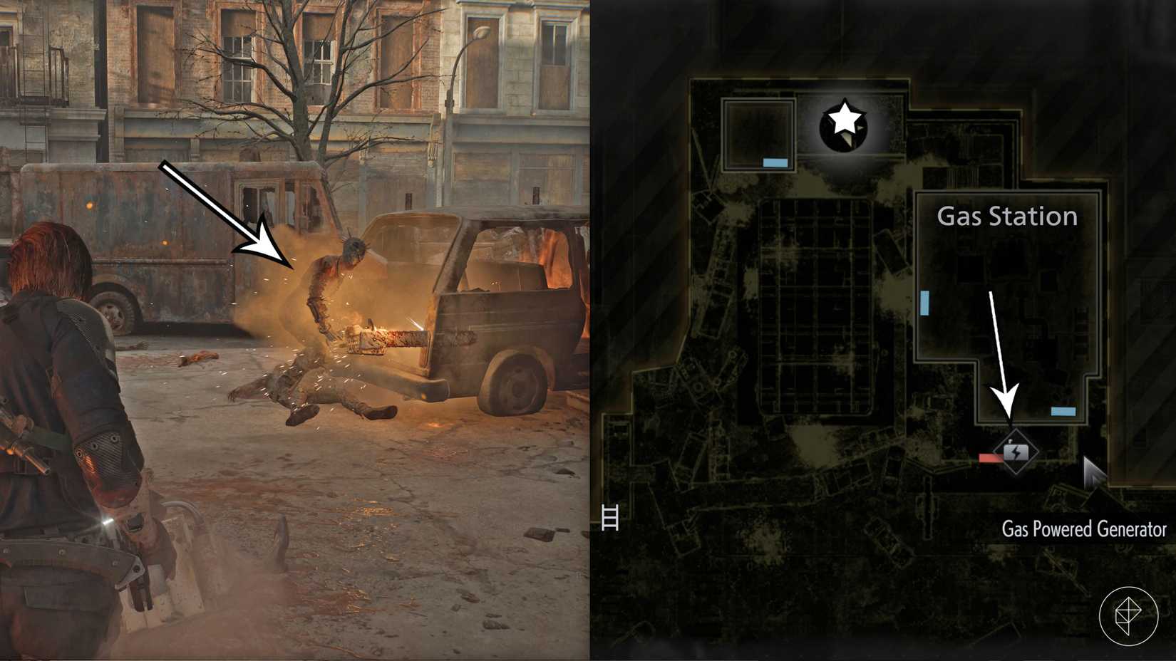 The chainsaw zombie and fuel location in Resident Evil Requiem's East Raccoon City.