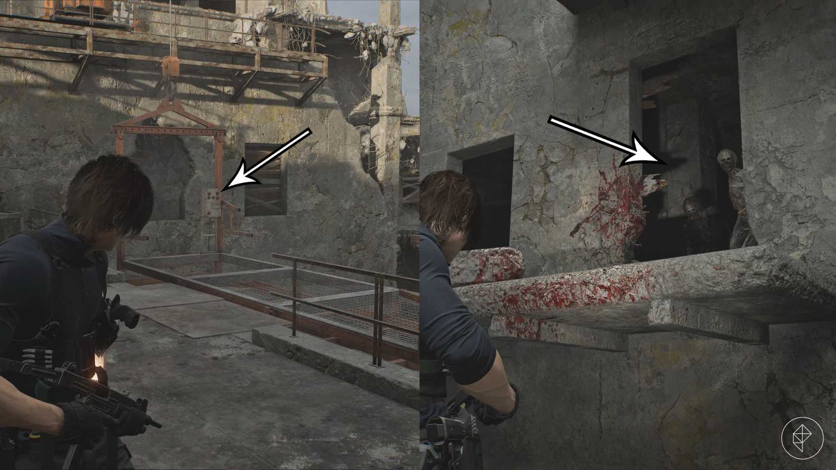 Leon lowers an orange platform to escape Willis Tower in Resident Evil Requiem's East Raccoon City.