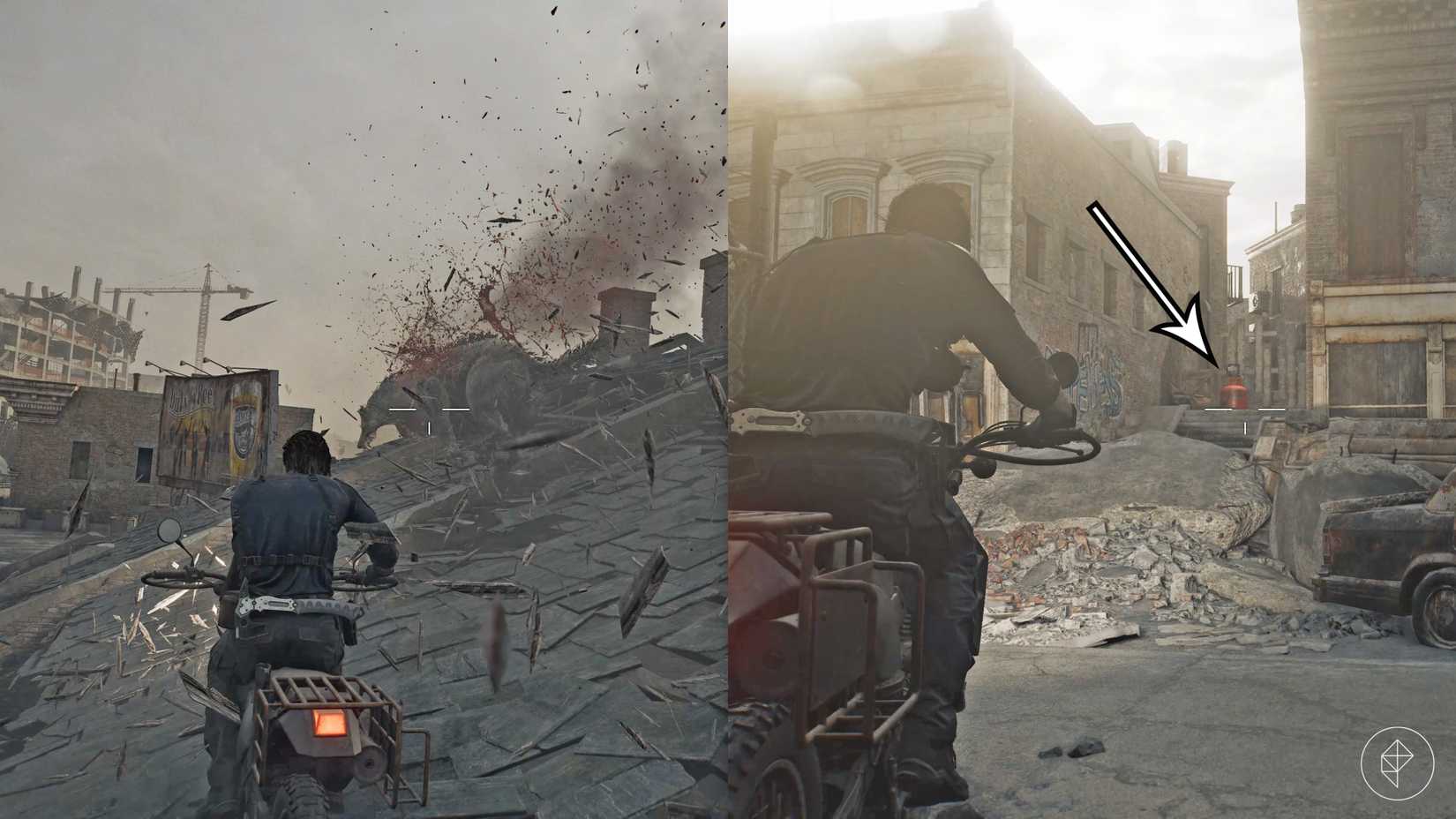 Leon shoots a wolf while driving his motorcycle in Resident Evil Requiem.