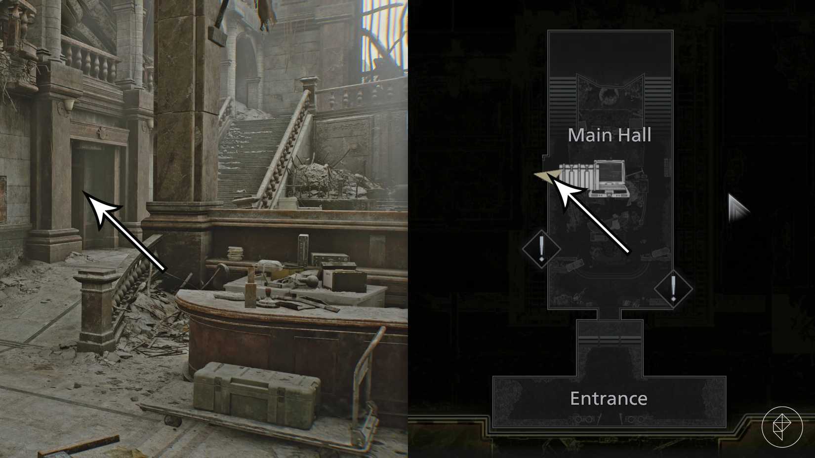 Arrows point to the first doorway Leon should take in the RPD building in Resident Evil Requiem.