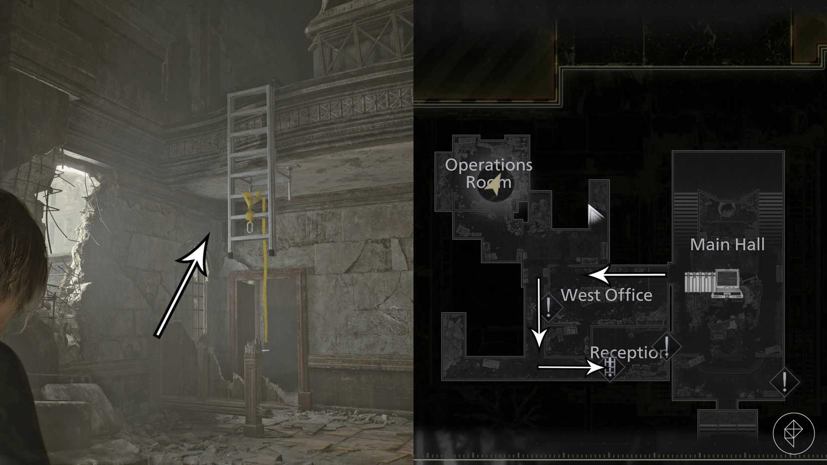 The path through the West Office and Reception in the RPD in Resident Evil Requiem.