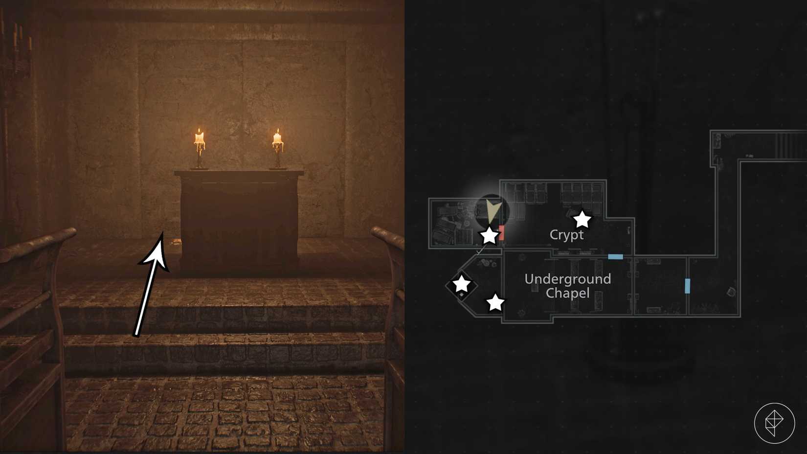 Item locations in the Chapel below the Orphanage in Resident Evil Requiem.