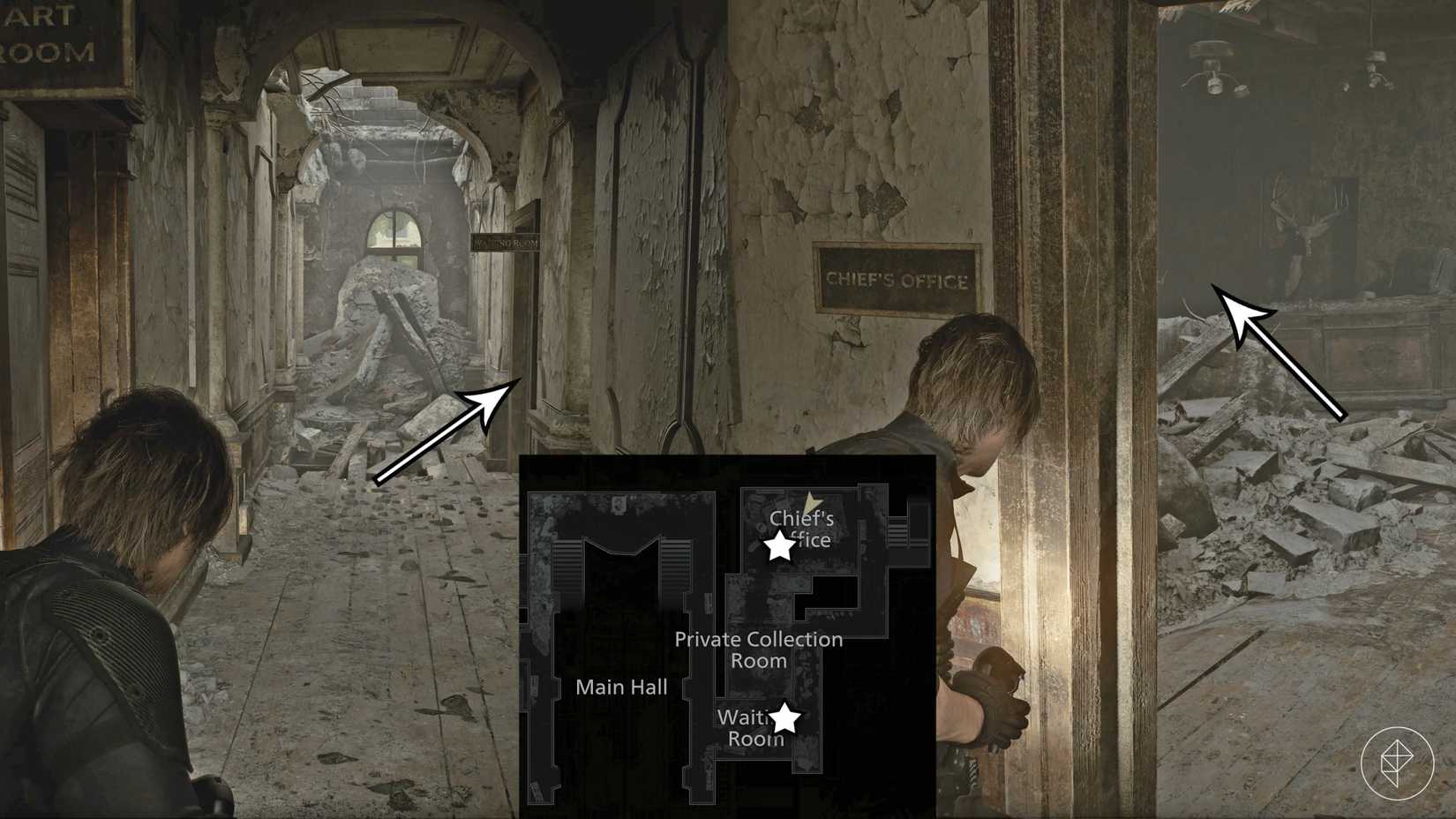A small map and arrows point to Leon's escape route from the Super Tyrant at the RPD in Resident Evil Requiem.