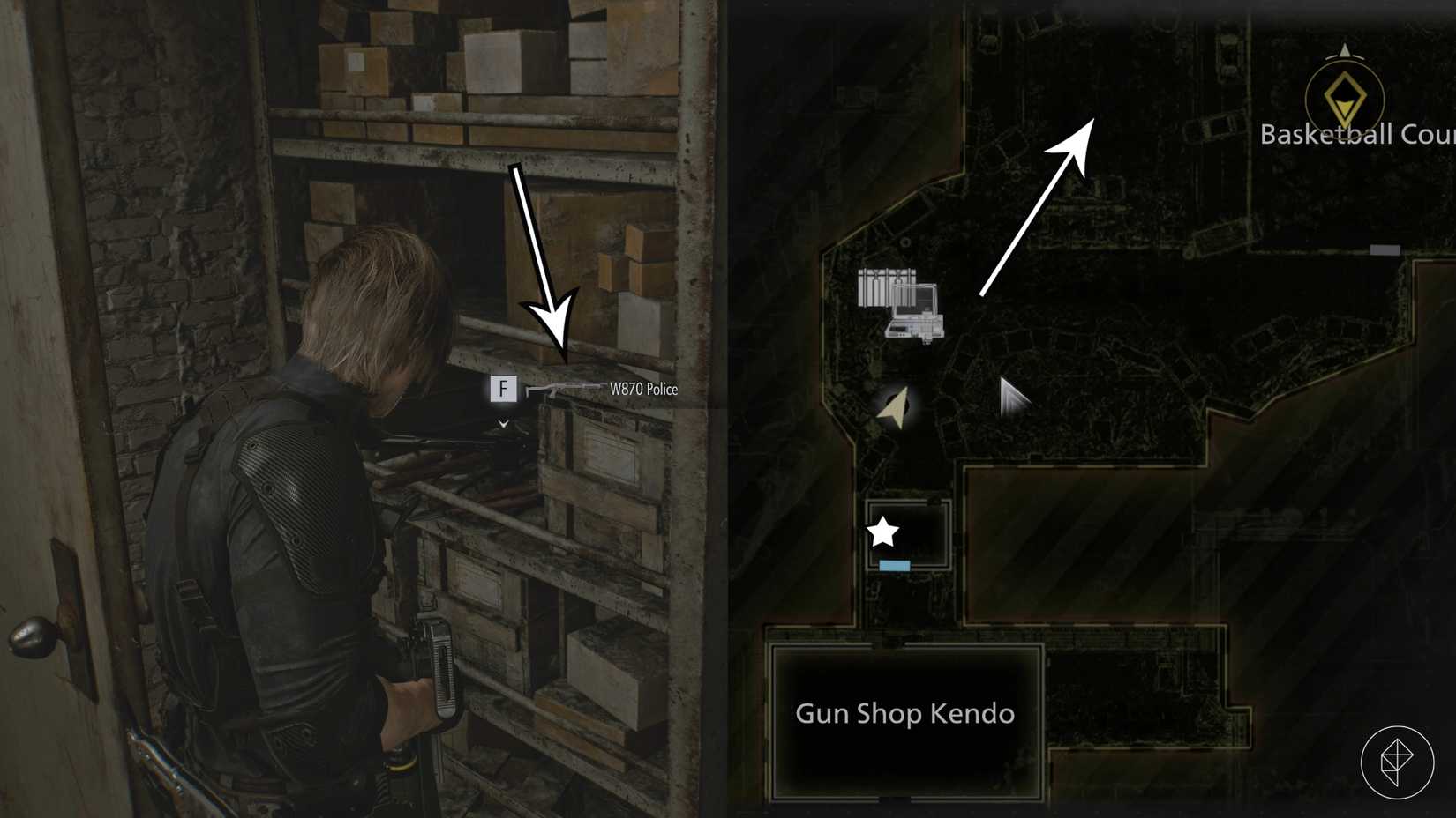 A gun location in Gun Shop Kendo and the path to the Super Tyrant in Resident Evil Requiem.