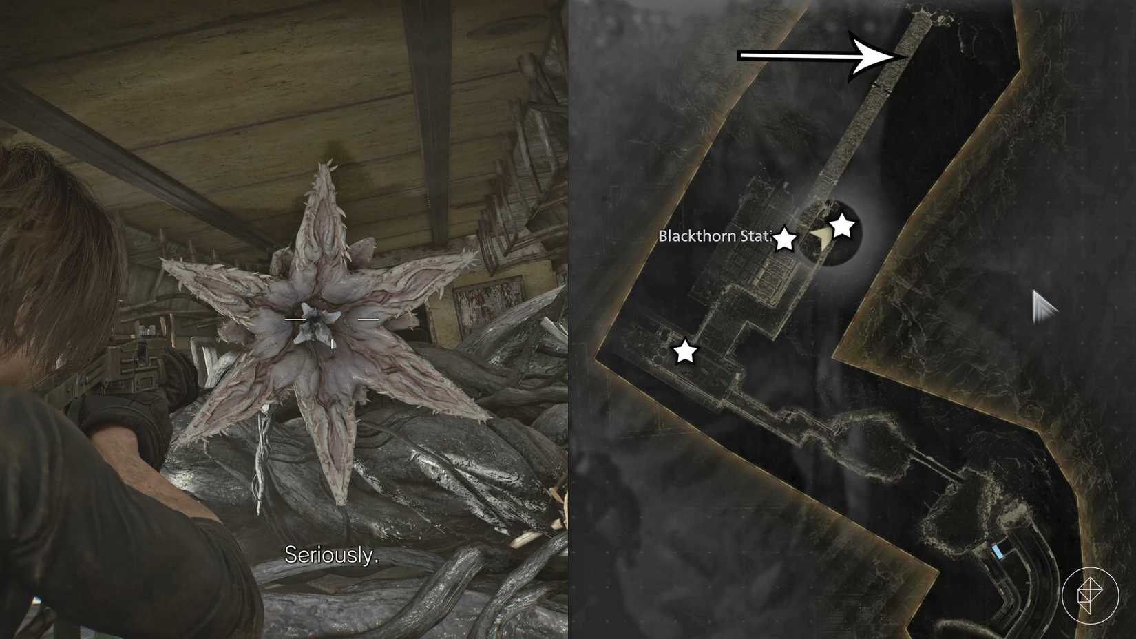 The path through Blackthorn Station and a close-up of a seedling enemy in Resident Evil Requiem.