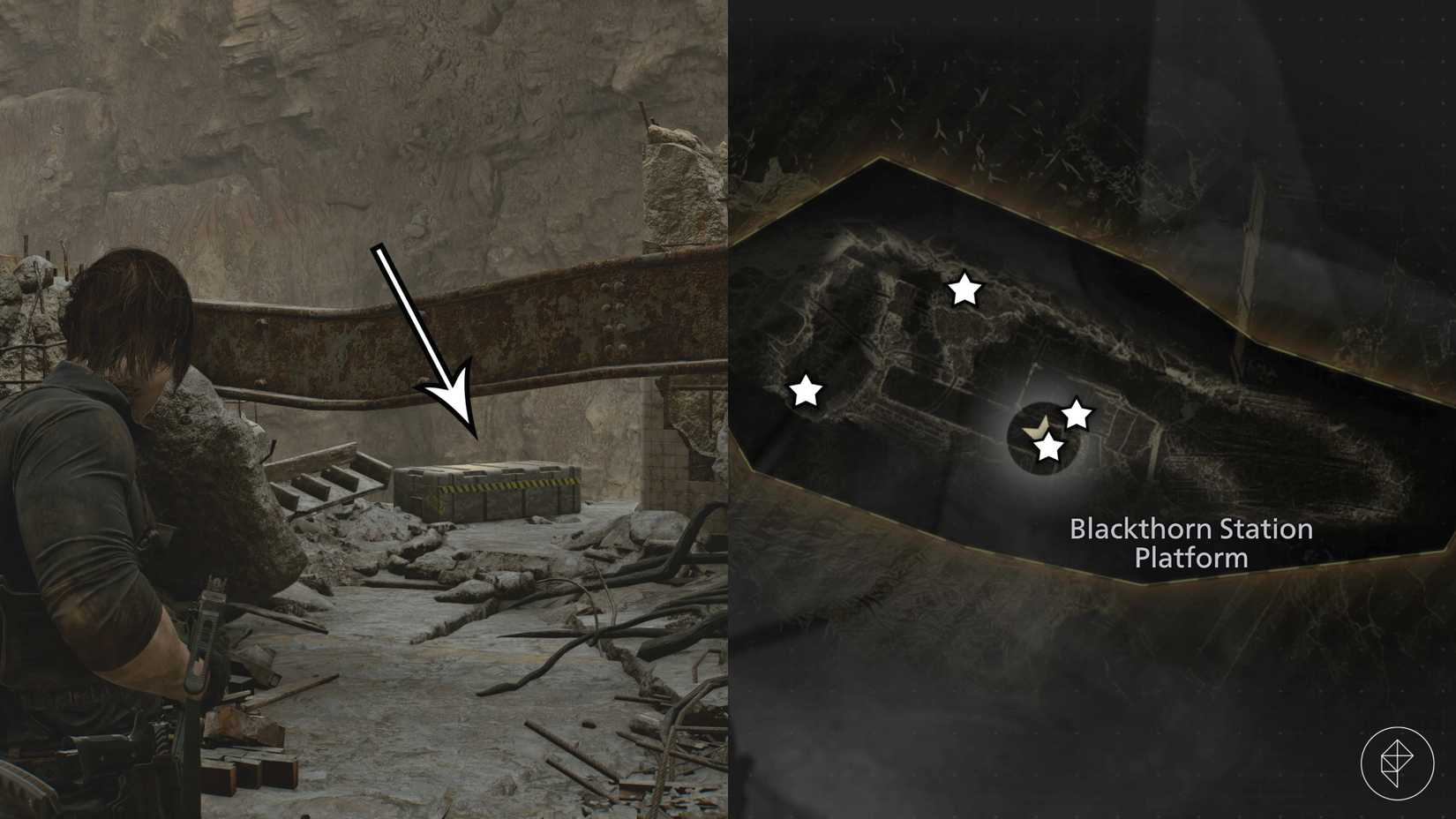 Loot locations at the Blackthorn Station Platform in Resident Evil Requiem.