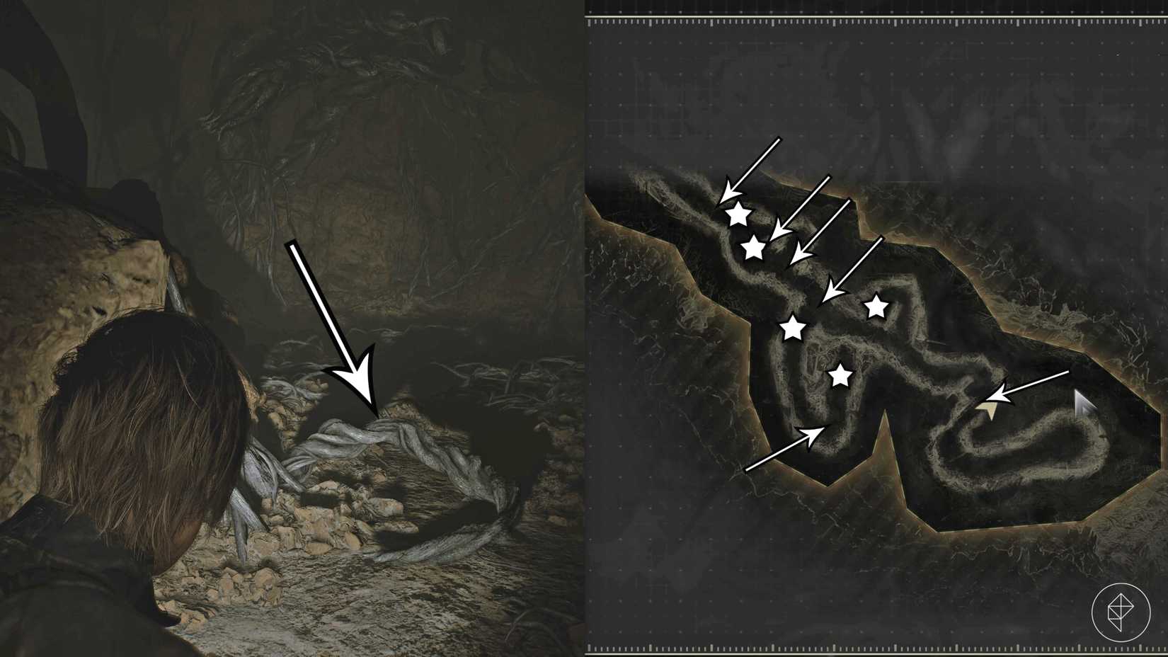 The path through the deep tunnels inhabited by Plat 43 seedlings in Resident Evil Requiem.