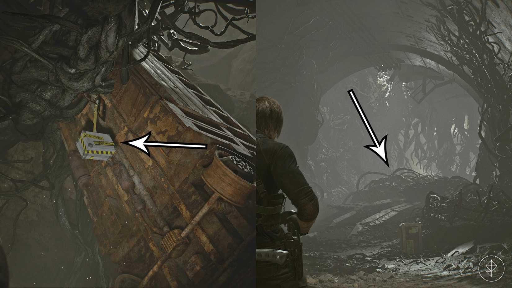 A hanging crate and the path to the Plant 43 boss fight in Resident Evil Requiem.