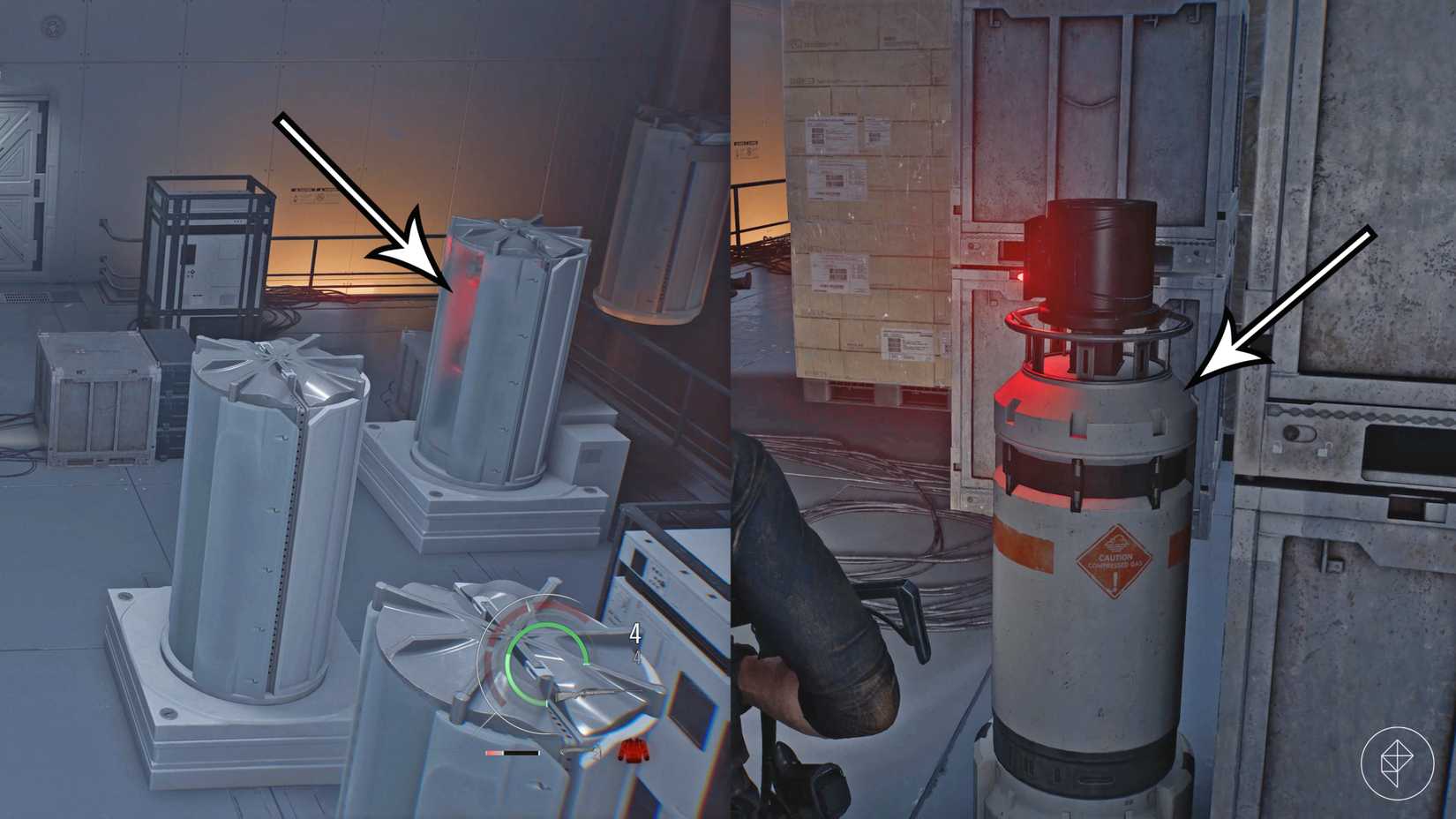 Arrows point to bioweapons that may be used against the elite guards in Resident Evil Requiem.